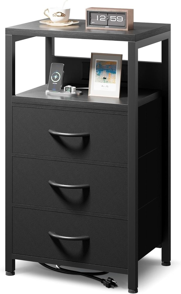 Black Nightstand with 3 Drawers & Bedside Charging Table