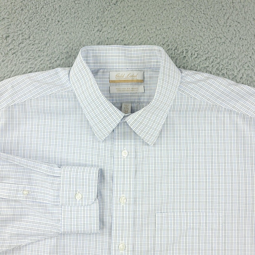 Roundtree & Yorke Gold Label Dress Shirt Mens 17.5 Blue Check Non Iron