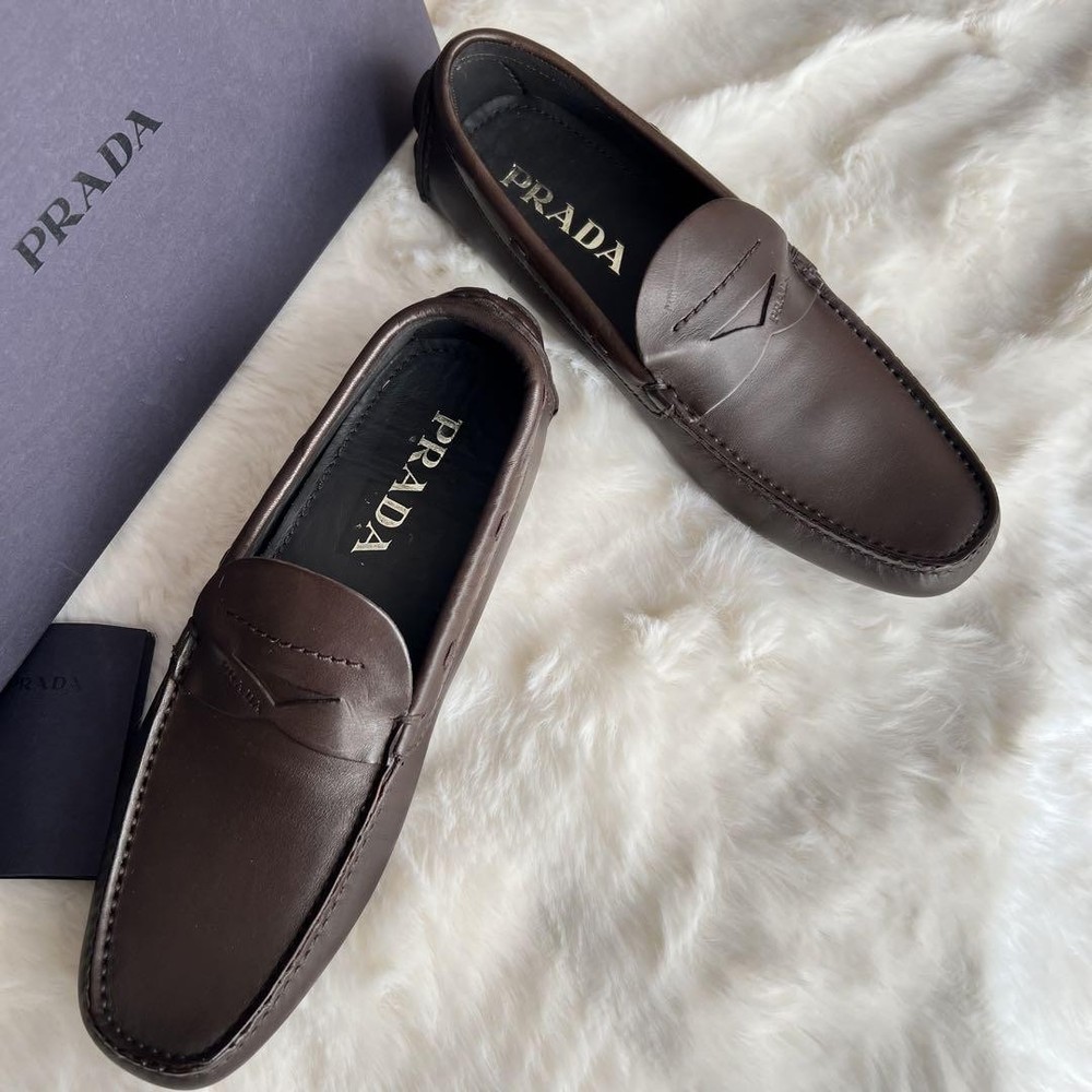 Prada Womens Brown Leather Loafers Size 8.5 US with Box