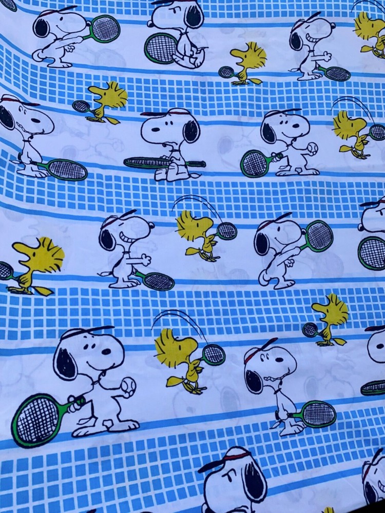 Snoopy and Woodstock Playing Tennis Peanuts Twin Flat Sheet in Blue White and Yellow  