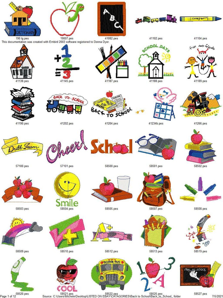 415 BACK TO SCHOOL COLLECTION EMBROIDERY MACHINE DESIGNS PES JEF HUS USB DRIVE-image