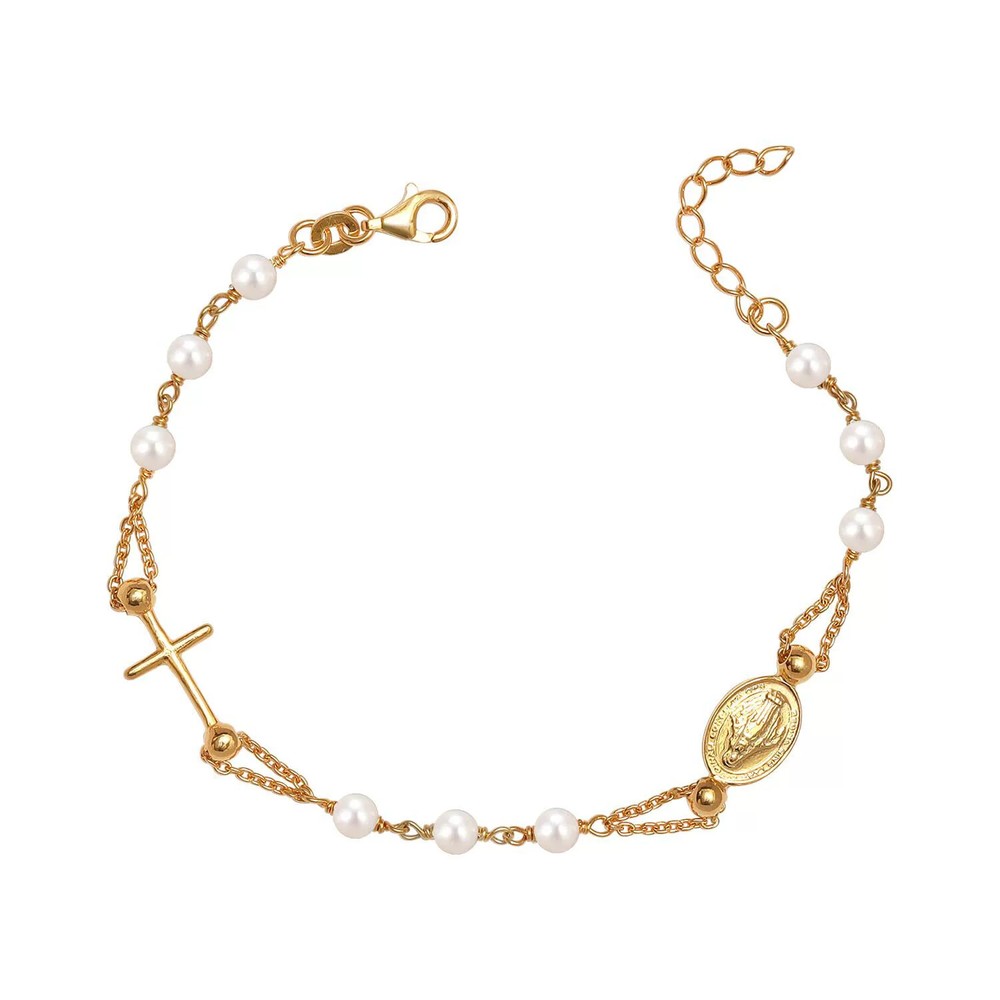 Virgin Mary Oval Coin Cross Bracelet for Women Imitation Pearl Jewelry Gifts