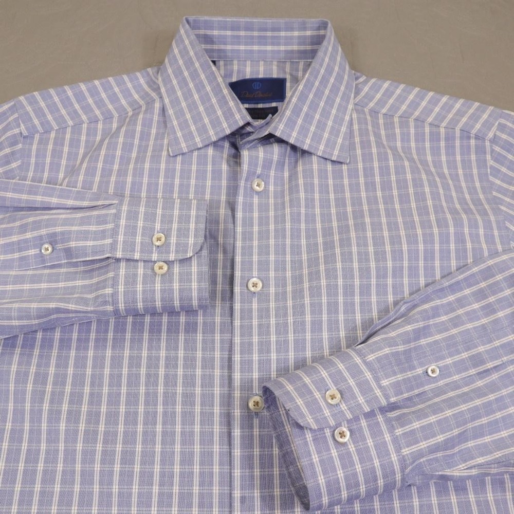 David Donahue Dress Shirt Mens 16.5 32/33 Blue Check Trim Fit Luxury Non Iron