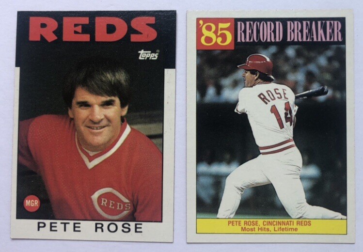 Pete Rose 1986 Topps Two Card Lot Cincinnati Reds Manager and Record Breaker MLB