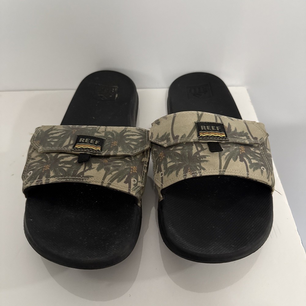 Reef Stash Hawaiian Palm Tree Slides Mens Size 11 Hidden Pocket Padded Upper