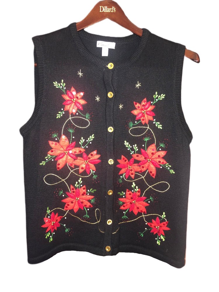 Women's Small Ugly Christmas Kim Rogers Black w/Poinsettias Button Front Vest