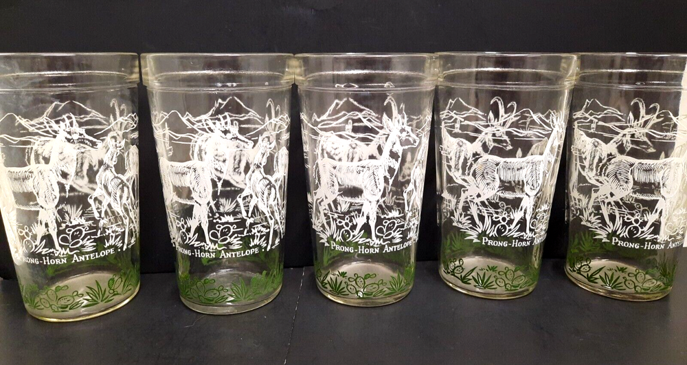 MCM Hazel Atlas 'Prong Horn Antelope' 14 oz Glass Tumblers Clear w/White Set 5