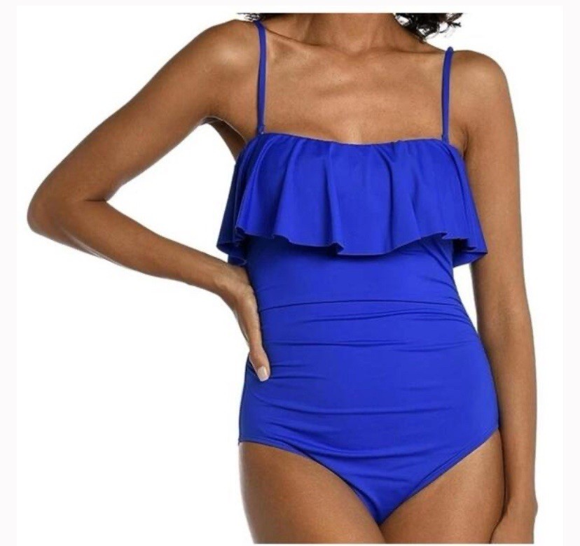 La Blanca Island Goddess Ruffle Bandeau One Piece Swimsuit Sapphire Size 6 NWT