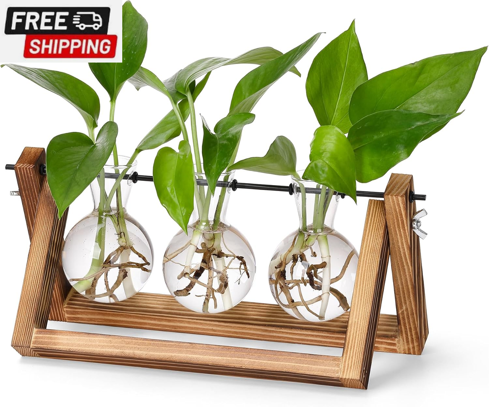 Plants Propagation Stations,Desk Plant Terrarium with Retro Wooden Stand,Plant L