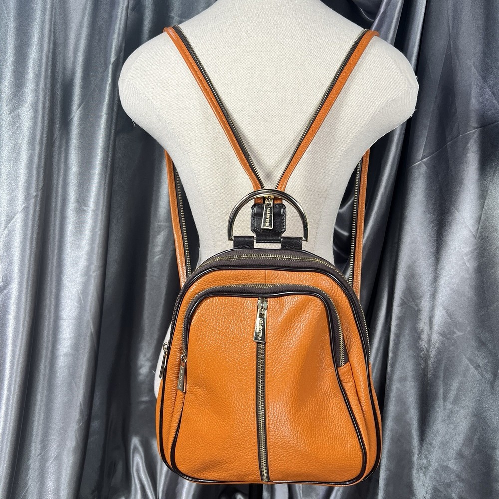 Valentina Pebbled Leather Convertible Backpack Sling Bag Crossbody Dome Orange