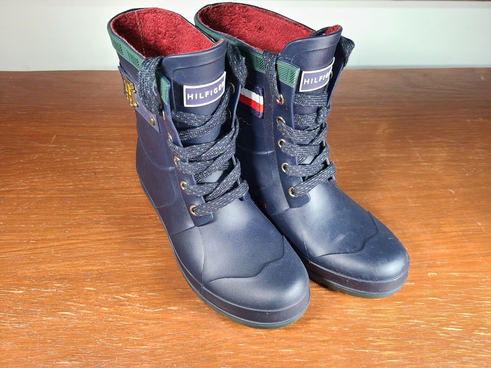 Tommy Hilfiger Womens Navy Blue Lace-Up Rain Boots Size 6