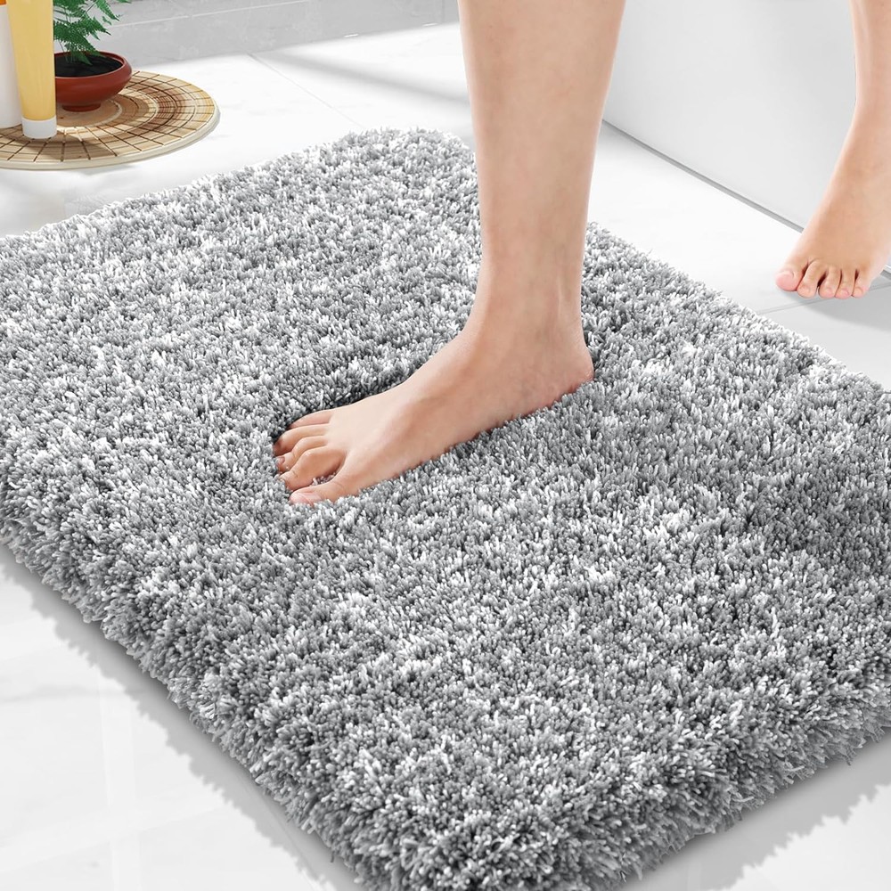 Non-Slip Washable Bathroom Rug 17x24 Inches in Light Gray & White by Yimobra
