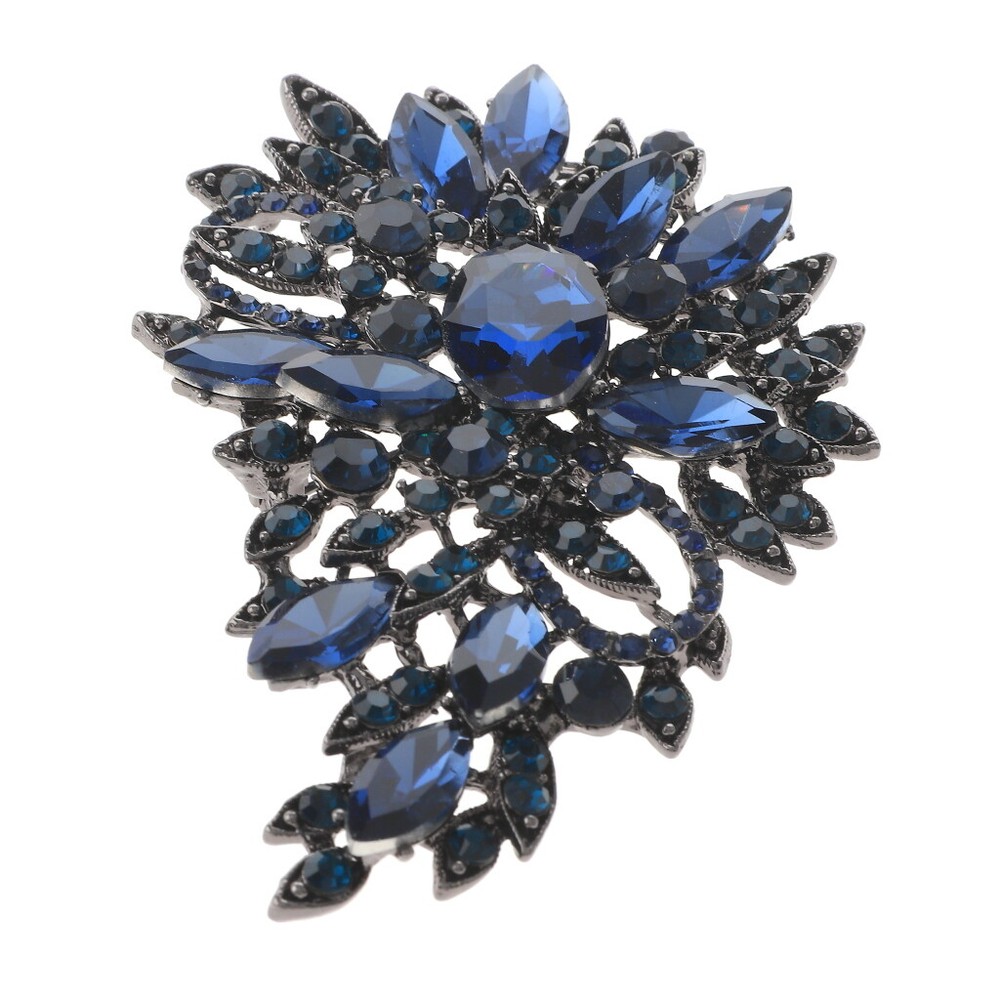 Hermatite Tone Metal Crystal Rhinestone Flower Brooch P1246-MON