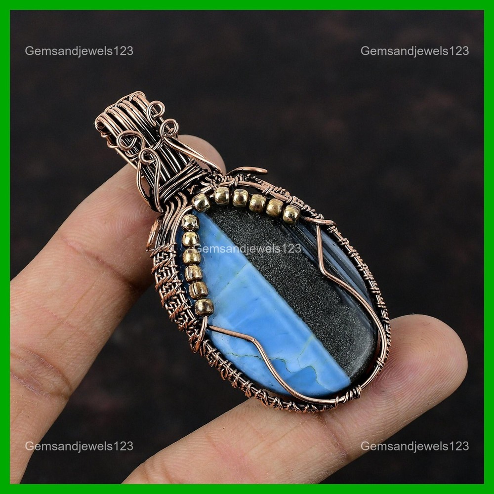 Mother's Day Special Owyhee Blue Opal Wire Wrapped Copper Pendant Jewelry-image