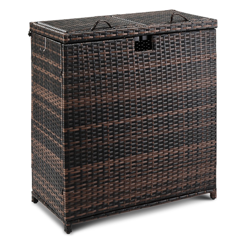 Outdoor 72 Gallon Wicker Trash Can Dual Lid Rattan Bin for Patio Deck Poolside