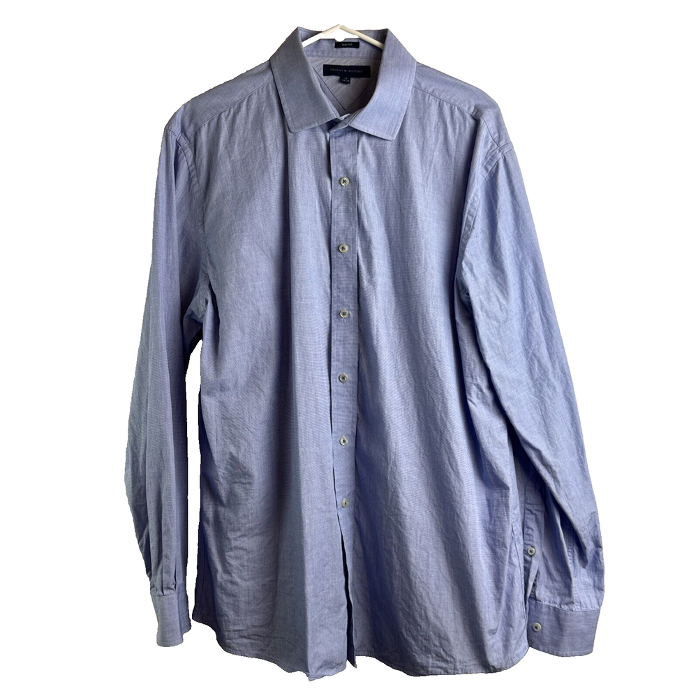 Tommy Hilfiger Men's Blue Long Sleeve Dress Shirt Size 17 34-35 Cotton Button Collar
