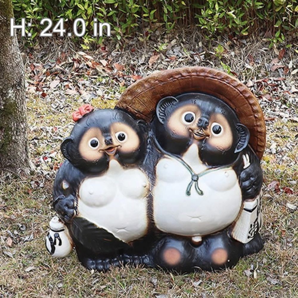 Shigaraki Couple Tanuki Pottery Japanese Raccoon Dog Good Luck Statue 24in NEW