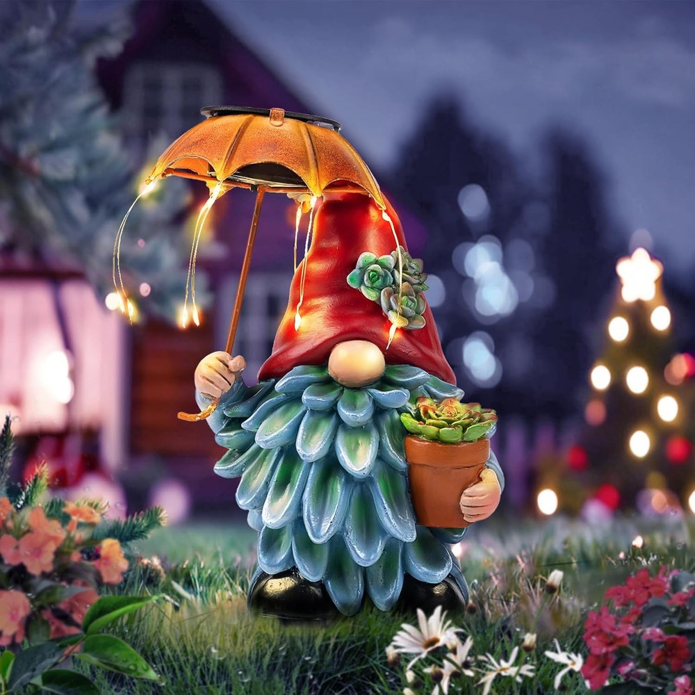 Solar LED Gnome Statue with Light Up Umbrella for Outdoor Garden Decor