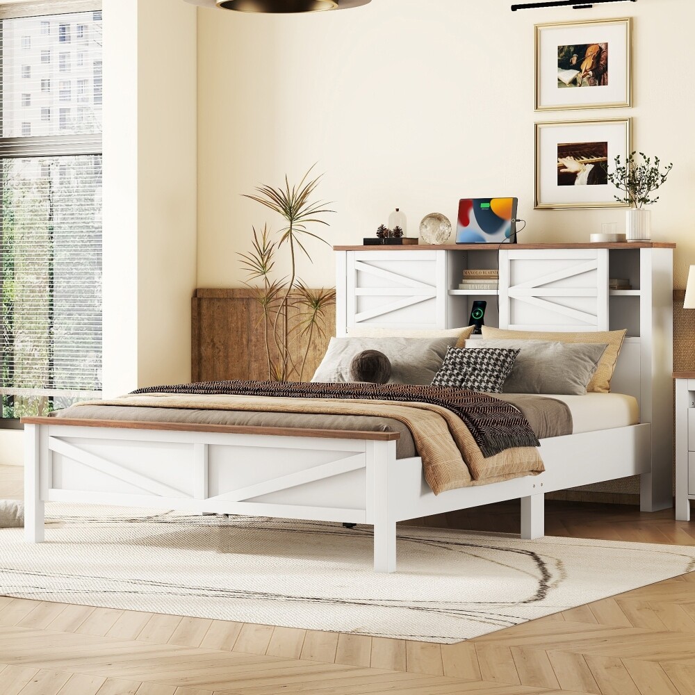 Rustic Queen Farmhouse Platform Bed with Storage Doors & USB Charging in White and Brown  