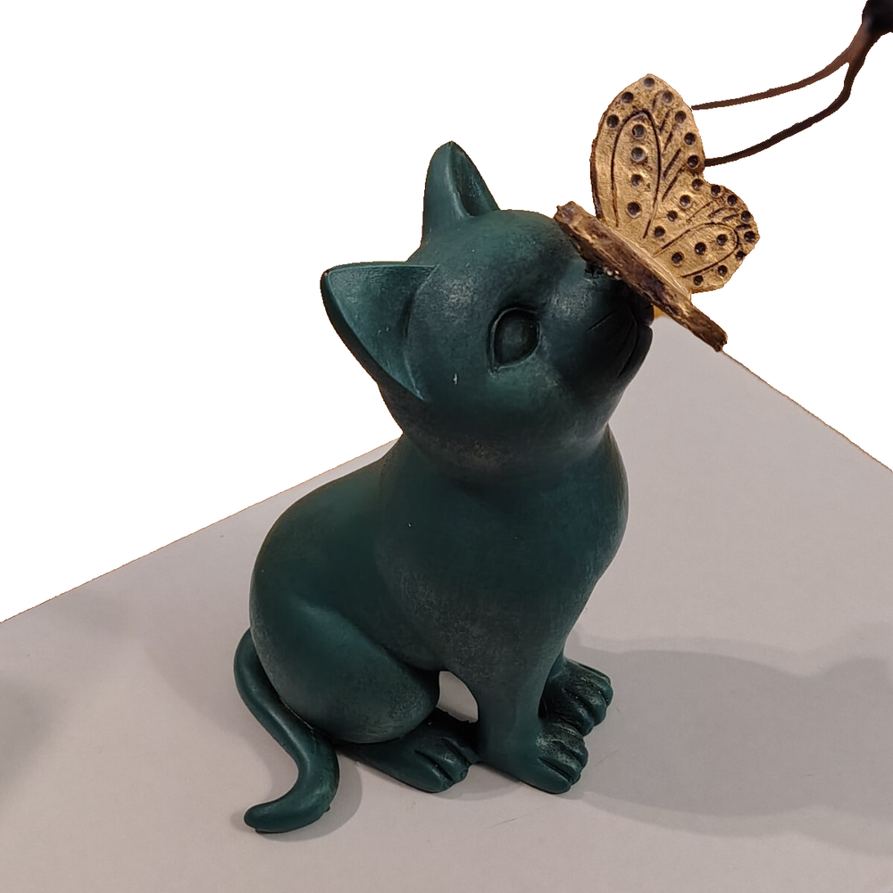 Green Cat Statue Garden Decor Outdoor Animal Figurine with Butterfly Accent