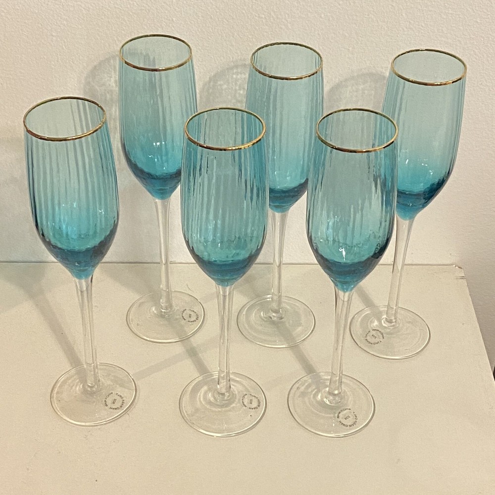 Teal Champagne Flutes Wine Glasses Gold Rims Set Of 6 Elegant Dinner Party