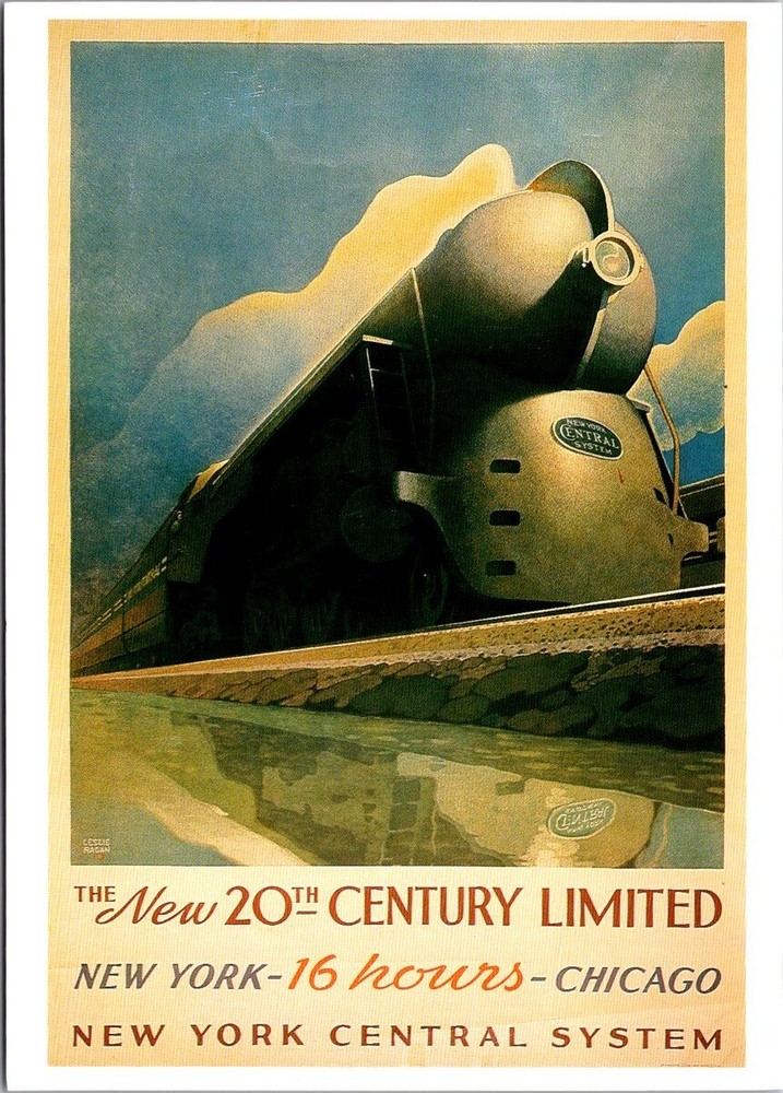 Art Deco Train Power! New 20th Century Limited Postcard – NYC to Chicago, 16 Hrs
