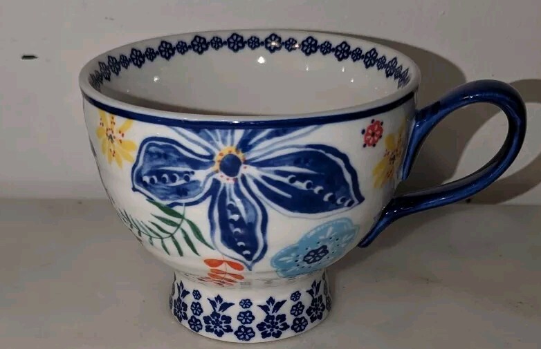Anthropologie Coffee Mug Pedestal Blue Yellow White Cup Large Floral