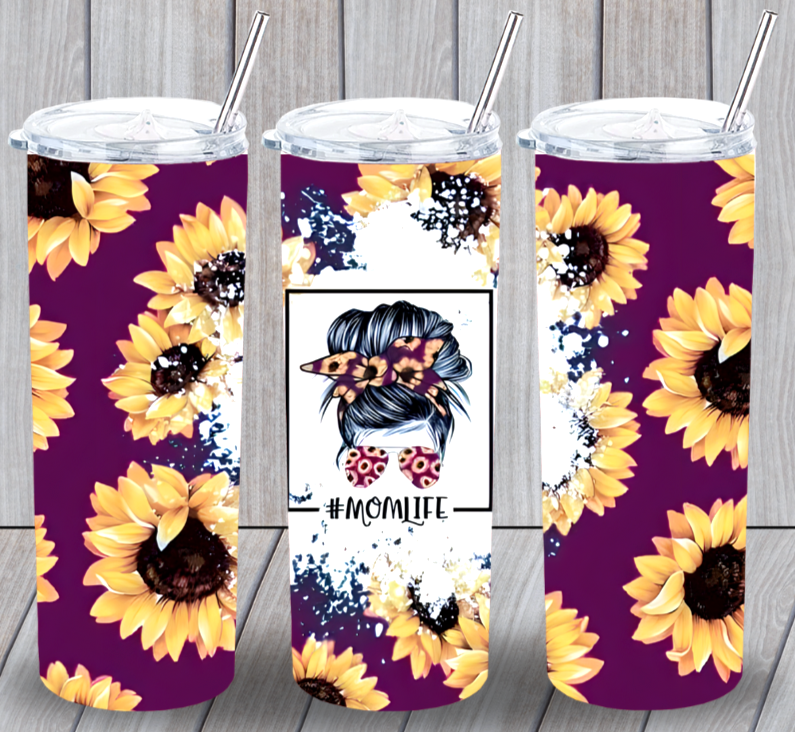 MOM LIFE 15 Purple Sunflowers Multicolor 20oz Insulated Tumbler Lid Straw New