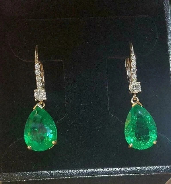 Cyber Monday Sale! 3.00Ct Natural Emerald & Diamond Earrings 14k Yellow Gold-image