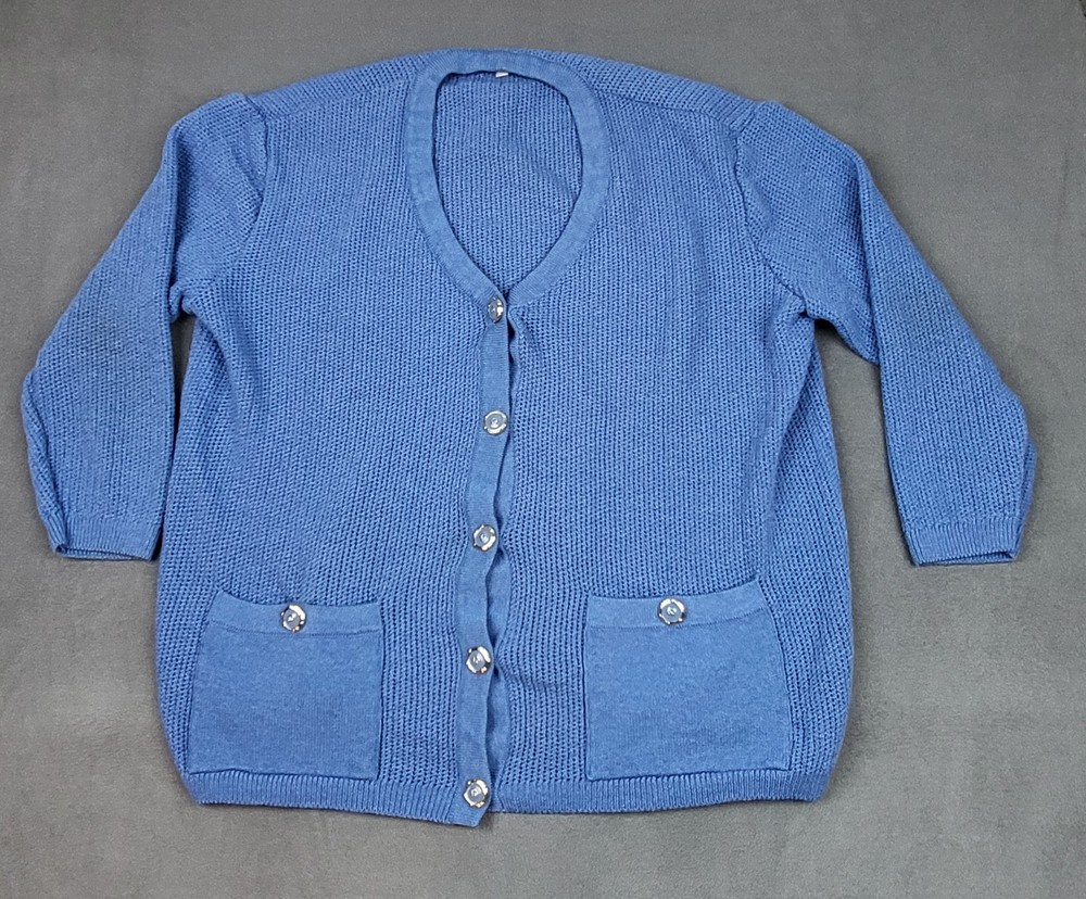 St. John Collection Blue Knit Cardigan Women's Large Button Front Pocket Buttons