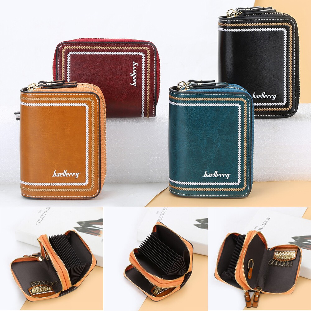 Portable Leather Car Key Case with Zipper Card Holder and Cash Organizer