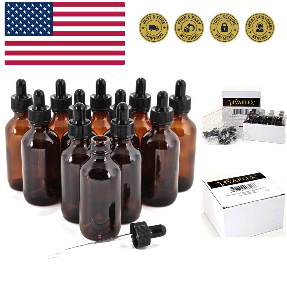 12, Amber, 2 oz Glass Bottles, With Glass Eye Droppers
