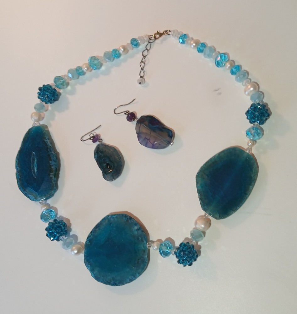 Blue Lace Agate Jewelry Set Necklace and Earings  (necklace 23