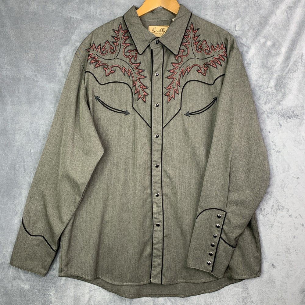 Mens XL Scully Western Shirt Gray Tooled Stitch Long Sleeve Pearl Snap