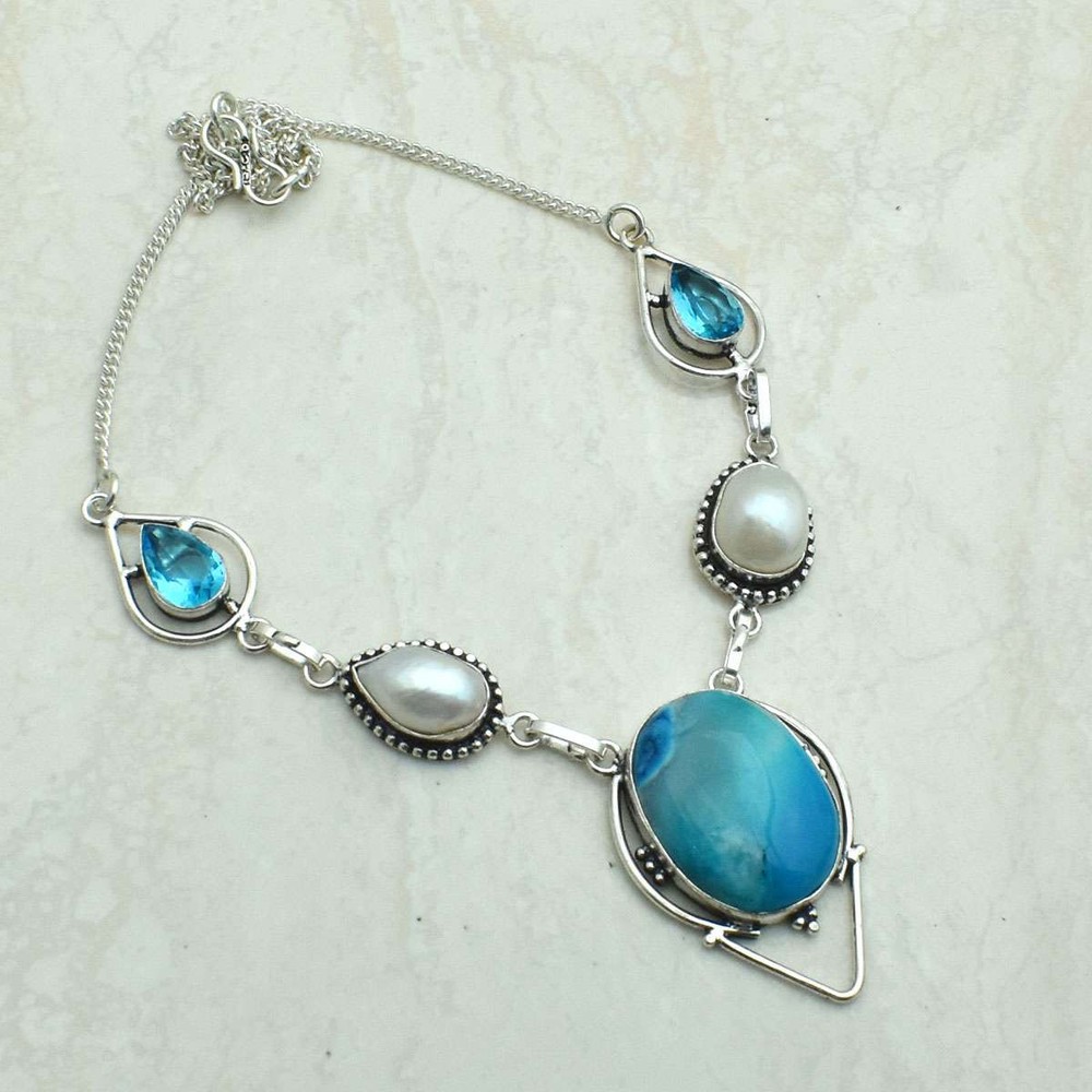 Dendrite Opal Blue Topaz Gemstone Handmade Necklace Jewelry 26 Gms AN 67927