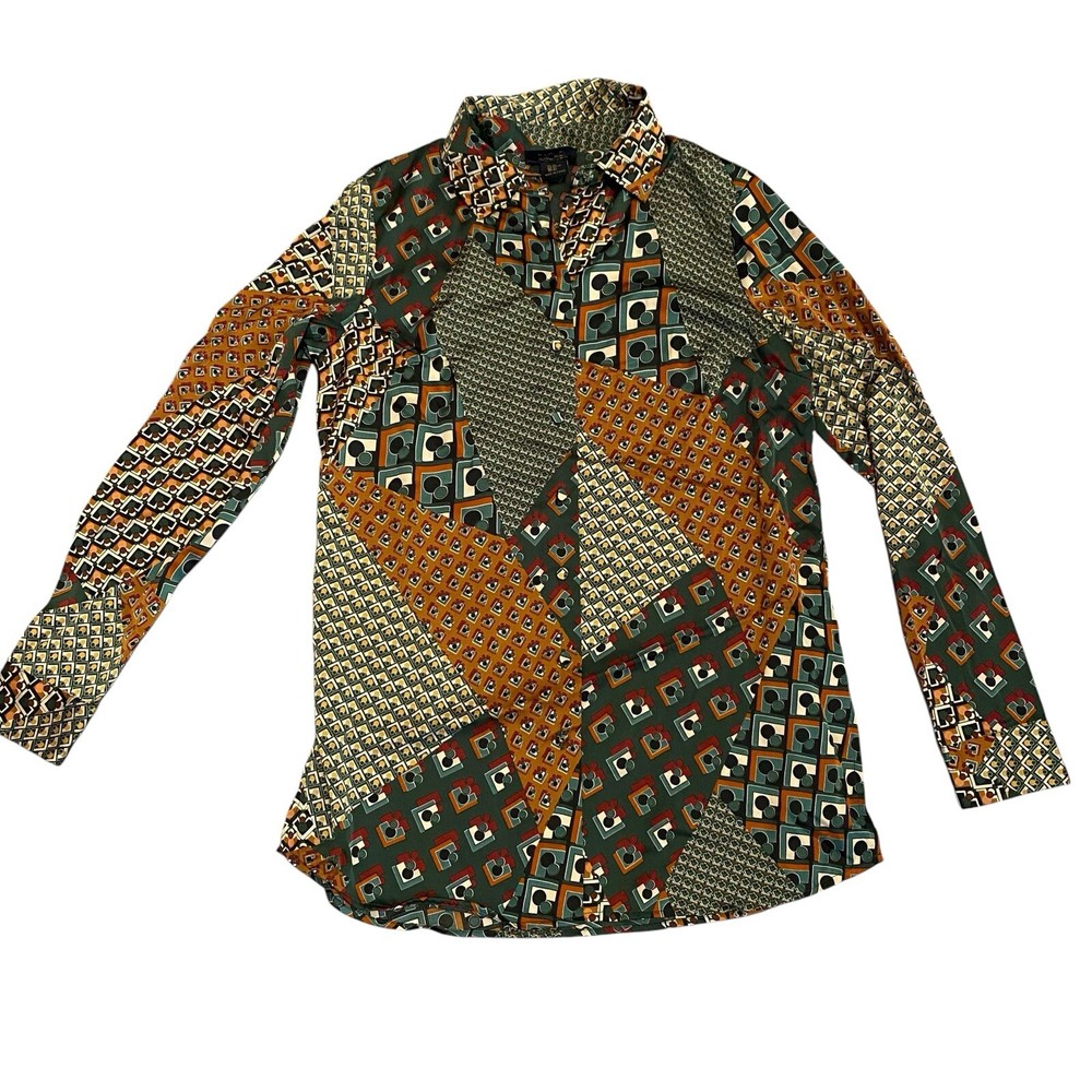 Rachel Roy Women’s Blouse Size XS Long Sleeve Silky Patchwork 70’s Style