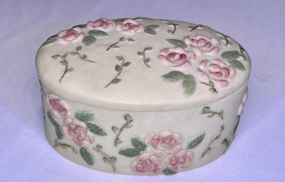 Dezine Oval Egg Hand Painted Pink Roses Trinket Box #8250