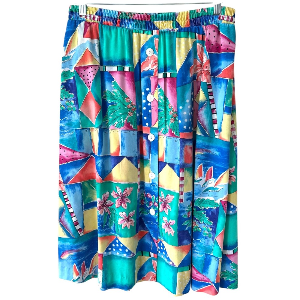Vintage 80s Koret Francisca Colorful Tropical Button Up Midi Skirt Size Large