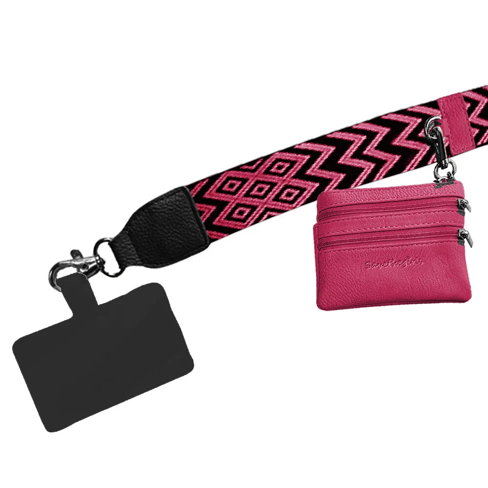 NEW SAVE THE GIRLS BLACK PINK CHEVRON WITH POUCH CLIP & GO CELL PHONE STRAP