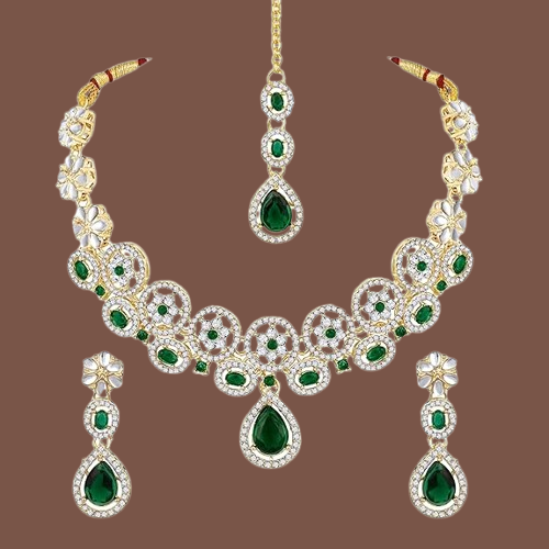 Gold Plated Emerald Green Kundan Polki and Crystals Necklace with Earrings