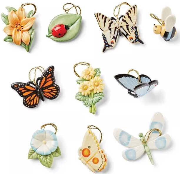 Lenox Butterfly Meadow 10 Piece Ornament Set Butterflies Flowers Bee NEW No Tree