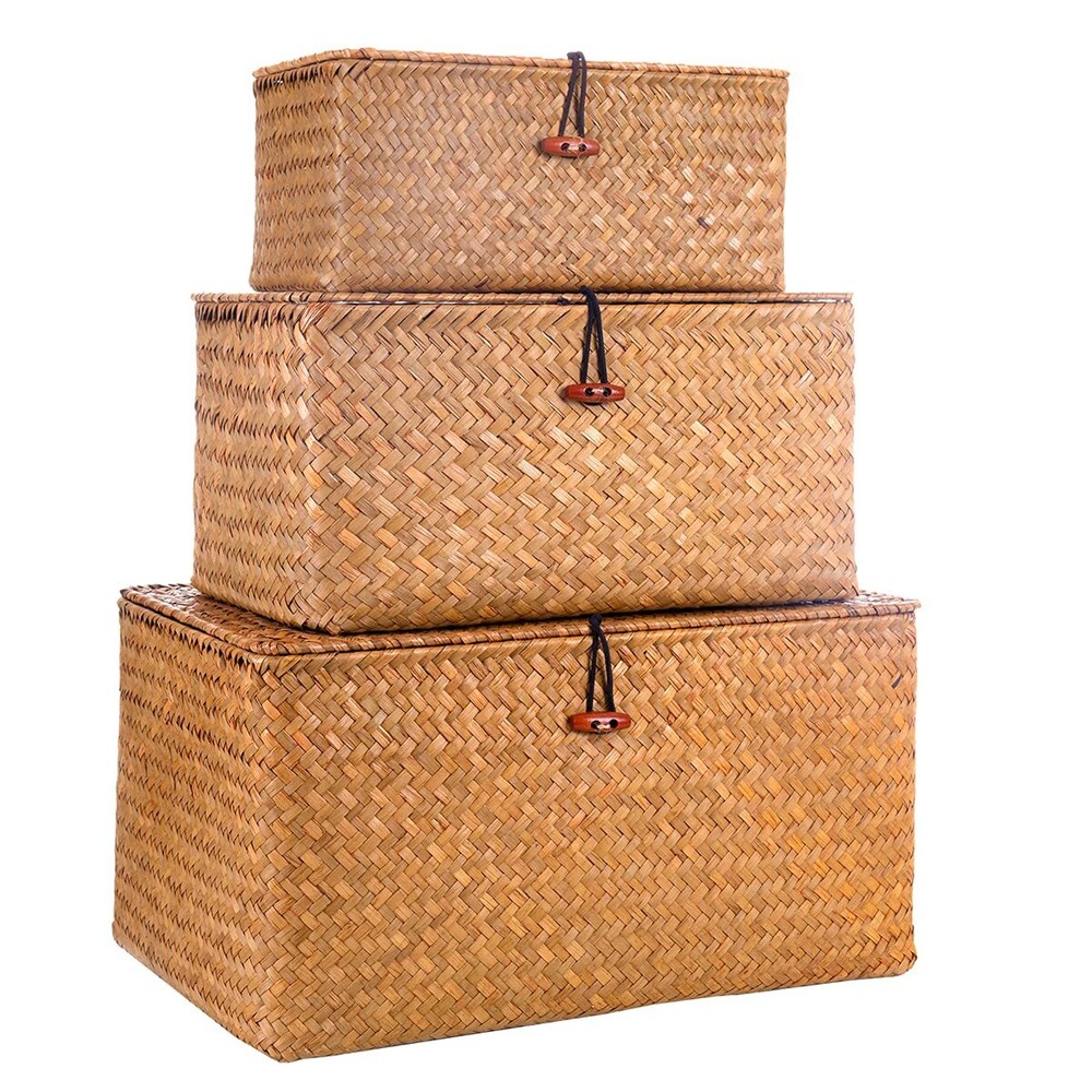 Decorative Wicker Storage Bins with Lids,Woven Seagrass Storage Baskets for K...