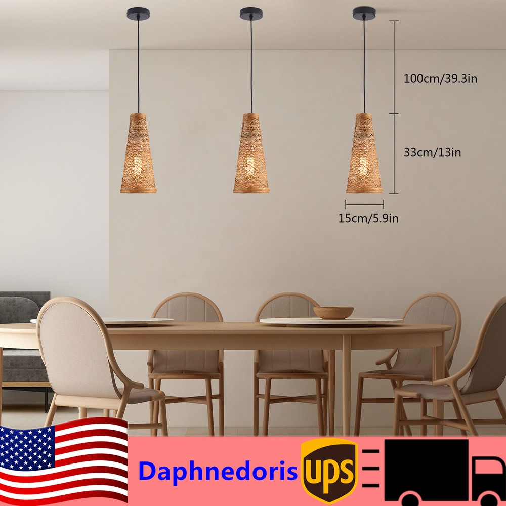 3Pcs Bamboo Wicker Rattan Shade Pendant Light Fixture Art Hanging Ceiling Lamp