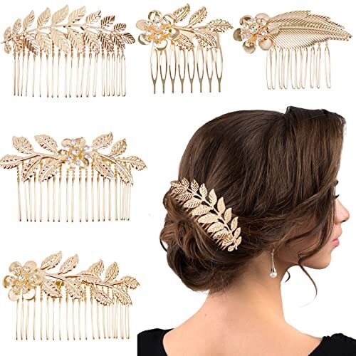 5 PCS Leaf Hair Side Combs Gold Rhinestone Hair Comb Clips with Teeth Wedding