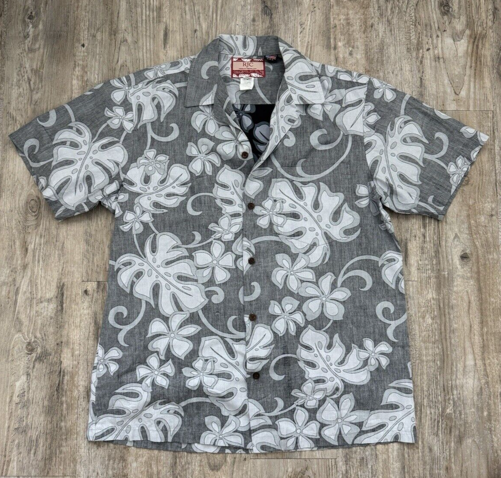 RJC Men's Hawaiian Floral Button Front Shirt Size M Gray & Black Short Sleeve