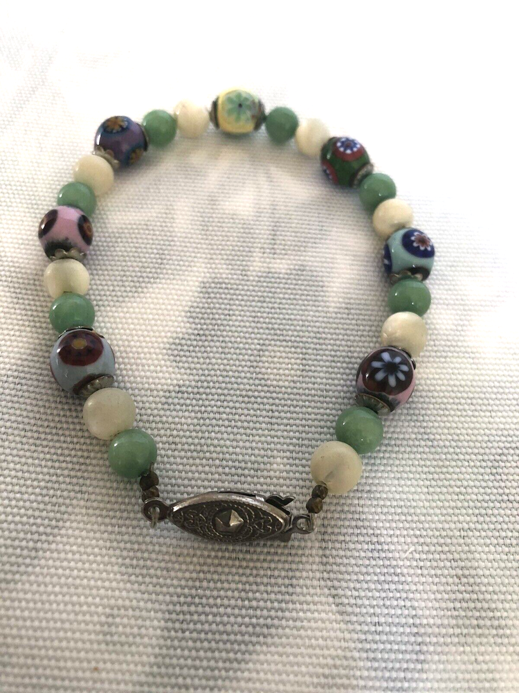 Vintage Italian Millefiori Art Glass Beads Silver Tone Bracelet Hand wired N4
