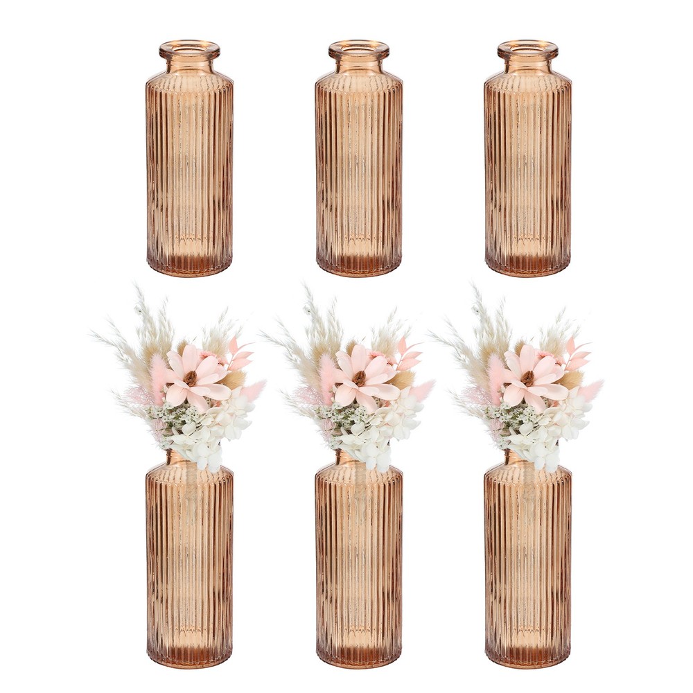 Amber Glass Bud Vase Set of 6 Flower Vases, Ribbed