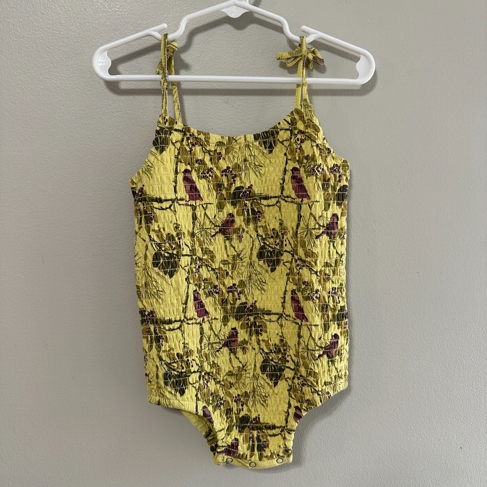 Kate Quinn Girls 18-24 Months Smocked Tie Strap Bodysuit Yellow Bird Sunsuit