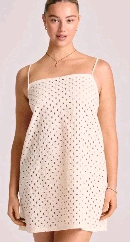 Vitamin A Women's Eyelet Mini Swim Cover Up Dress - White L: Cotton-Linen Blend