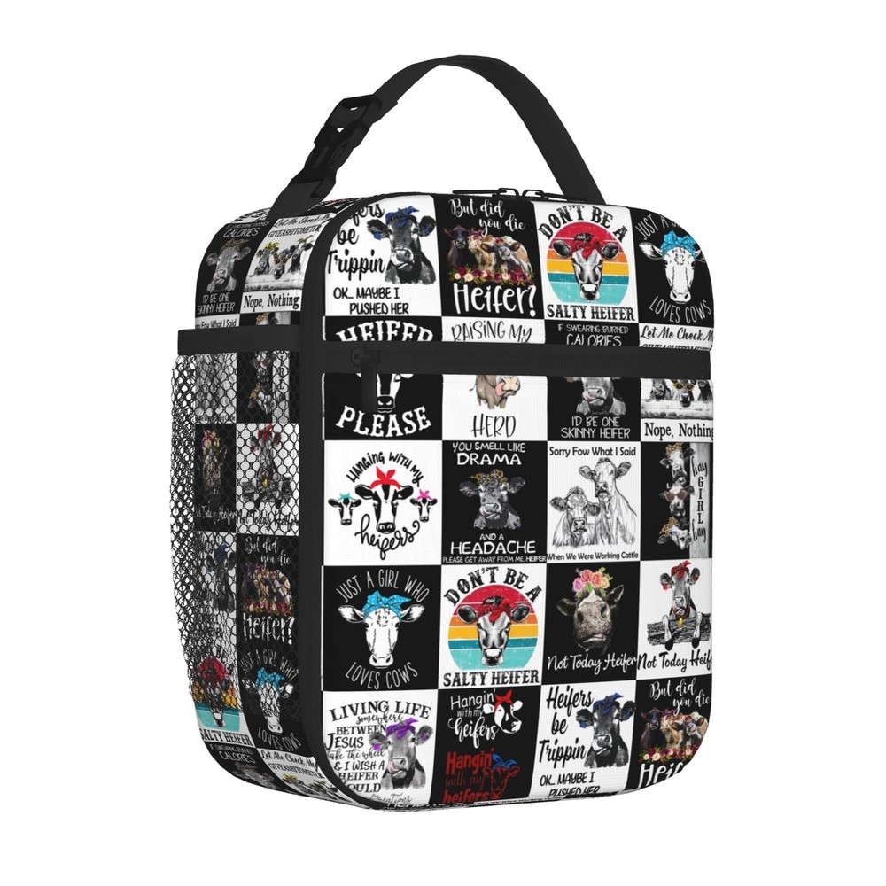 Black White Plaid Cows Insulated Lunch Tote for Kids Women Reusable